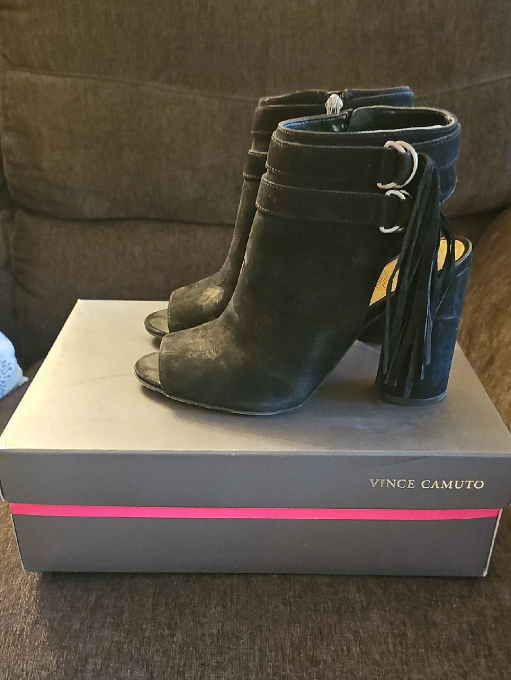 Vince Camuto Catinca Black Suede Peep-Toe Block Heel Sandals with Tassel Straps